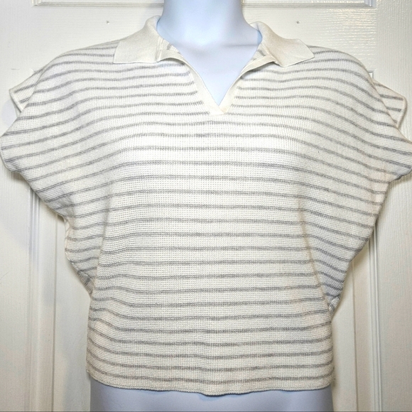 Cyrus Tops - Cyrus, Striped White and Gray Women's V-neck, Collared, Top. Size S